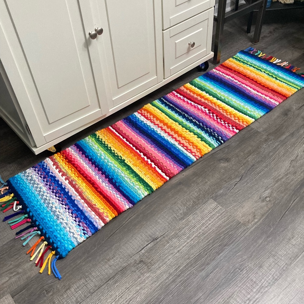 Bright Multicolor Rug 5 ft. Hand Woven Upcycled Fringed Heirloom Quality